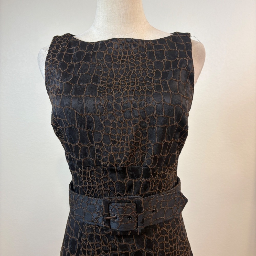 Vintage Cache Luxe Sheath Dress Women 6 Black Brown 90s Belted Croc Midi Chic - Picture 4 of 9